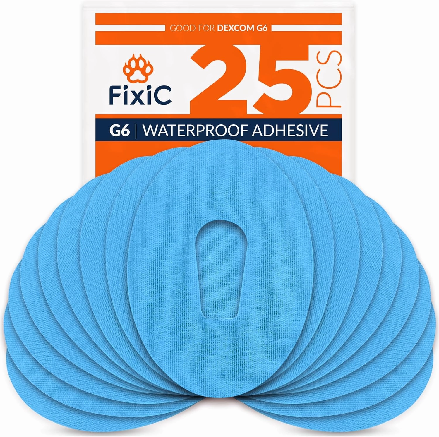 FixiC – Adhesive Patches for G6 – 25 Pack Premium Waterproof Adhesive Patches – Pre-Cut Back Paper – Adhesive Patch for G6 – Long Fixation! (Light Blue)