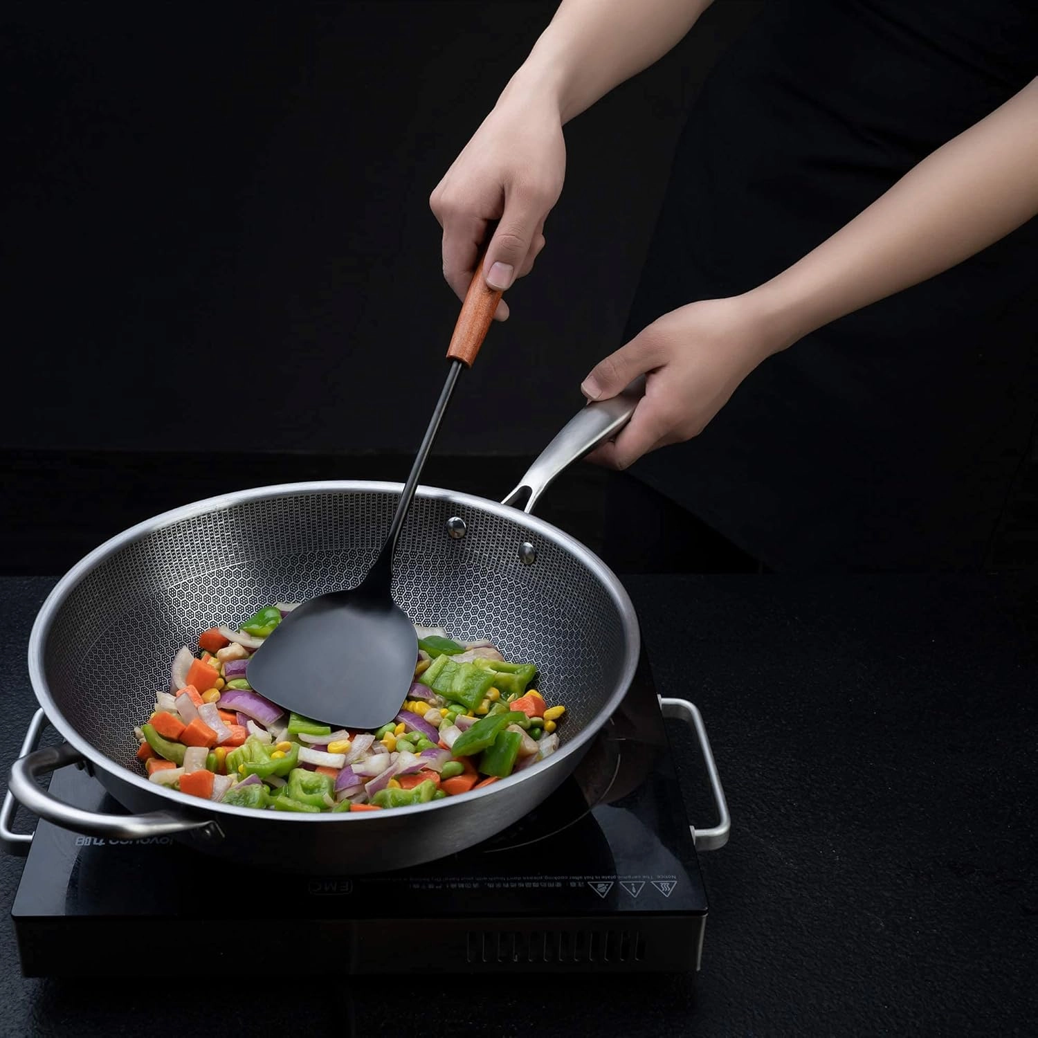 FJNATINH 17inch Wok Spatula and Ladle, Skimmer Spoon, Slotted Turner Spatula Set 304 Stainless Steel Kitchen Utensils Sets, 4-Pieces Cooking Utensils Tools Wok Accessories