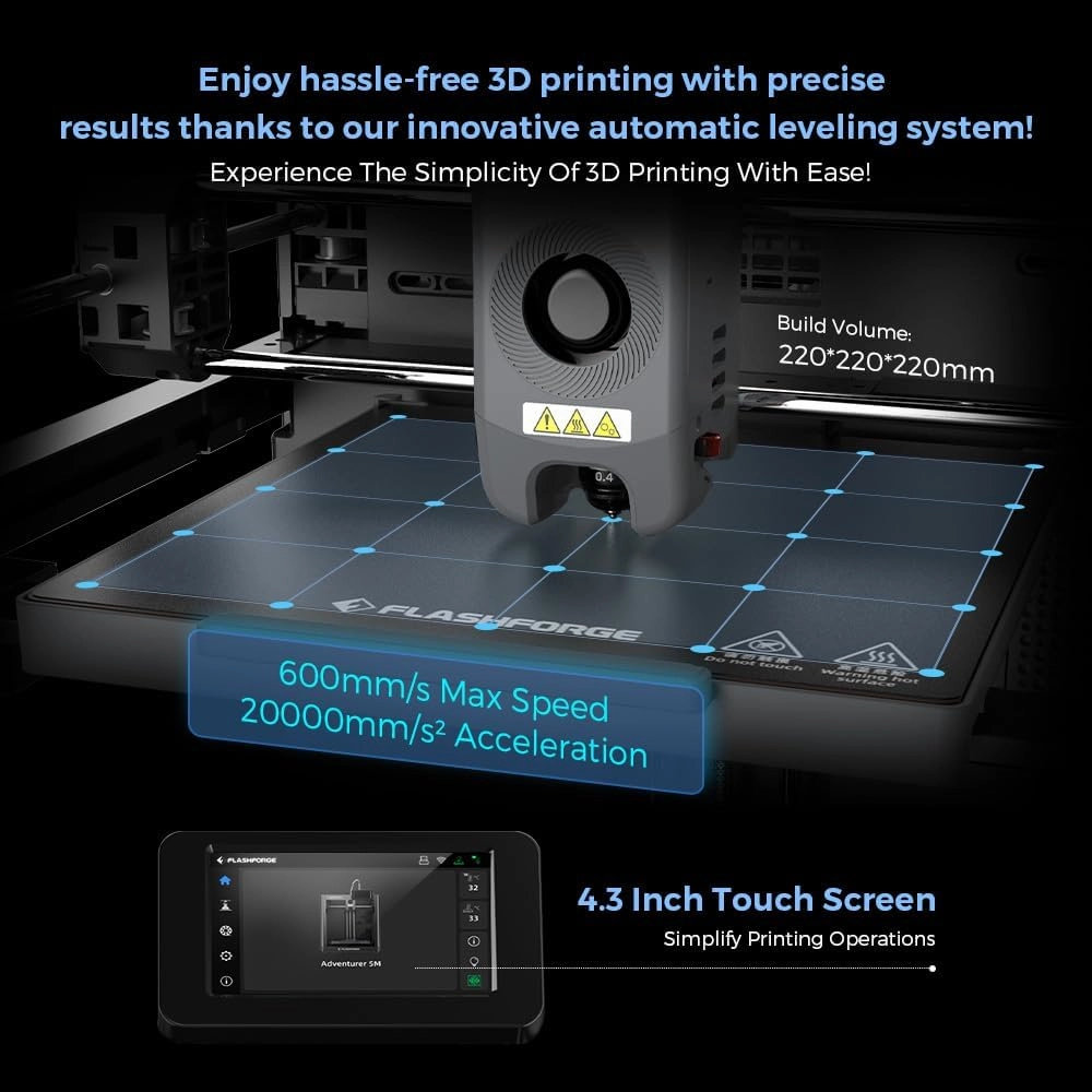 FLASHFORGE Adventurer 5M 3D Printer, 600mm/s High-Speed, 1 Click Fully Auto Leveling, Upgraded Direct extruder Quick Detachable 280°C Nozzle, Dual-Sided PEI Coating Plate, Print Size 220x220x220mm