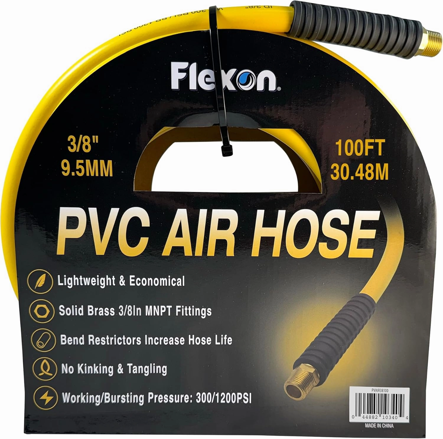 Flexon 3/8" x 100 ft PVC Air Hose – Lightweight, Heavy Duty. Solid Brass MNPT Fittings, Kink Resistant, Tangle Free, Burst Pressure 1200 PSI, Temperature Range -40°F to 160°F