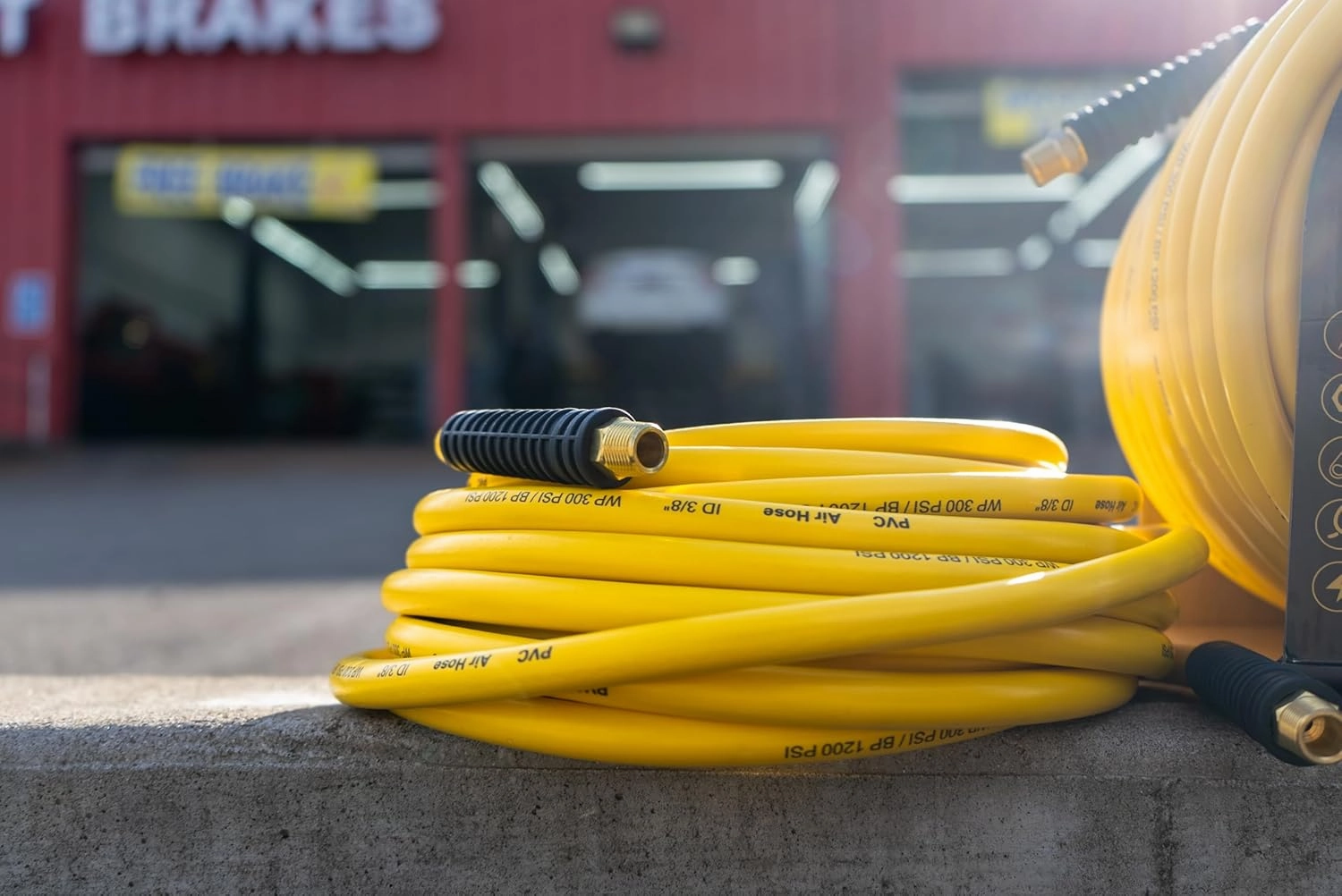 Flexon 3/8" x 100 ft PVC Air Hose – Lightweight, Heavy Duty. Solid Brass MNPT Fittings, Kink Resistant, Tangle Free, Burst Pressure 1200 PSI, Temperature Range -40°F to 160°F