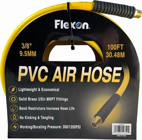 Flexon 3/8" x 100 ft PVC Air Hose – Lightweight, Heavy Duty. Solid Brass MNPT Fittings, Kink Resistant, Tangle Free, Burst Pressure 1200 PSI, Temperature Range -40°F to 160°F