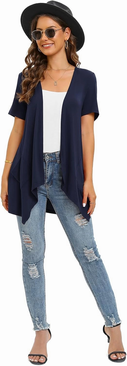 Floral Short Sleeve Cardigans for Women Casual Drape Open Front Lightweight Summer Cardigan with Pocket High Low Hem