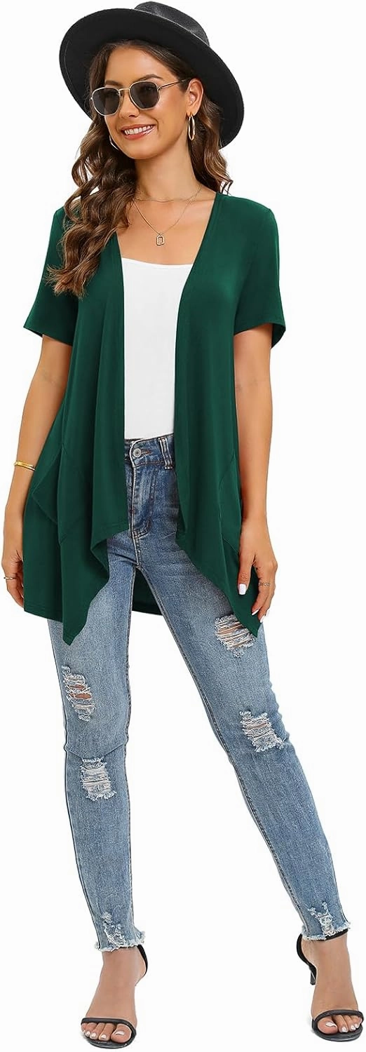 Floral Short Sleeve Cardigans for Women Casual Drape Open Front Lightweight Summer Cardigan with Pocket High Low Hem