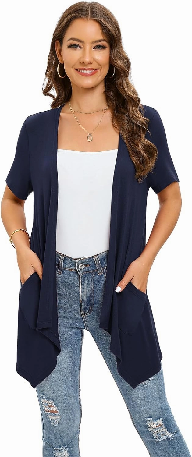 Floral Short Sleeve Cardigans for Women Casual Drape Open Front Lightweight Summer Cardigan with Pocket High Low Hem