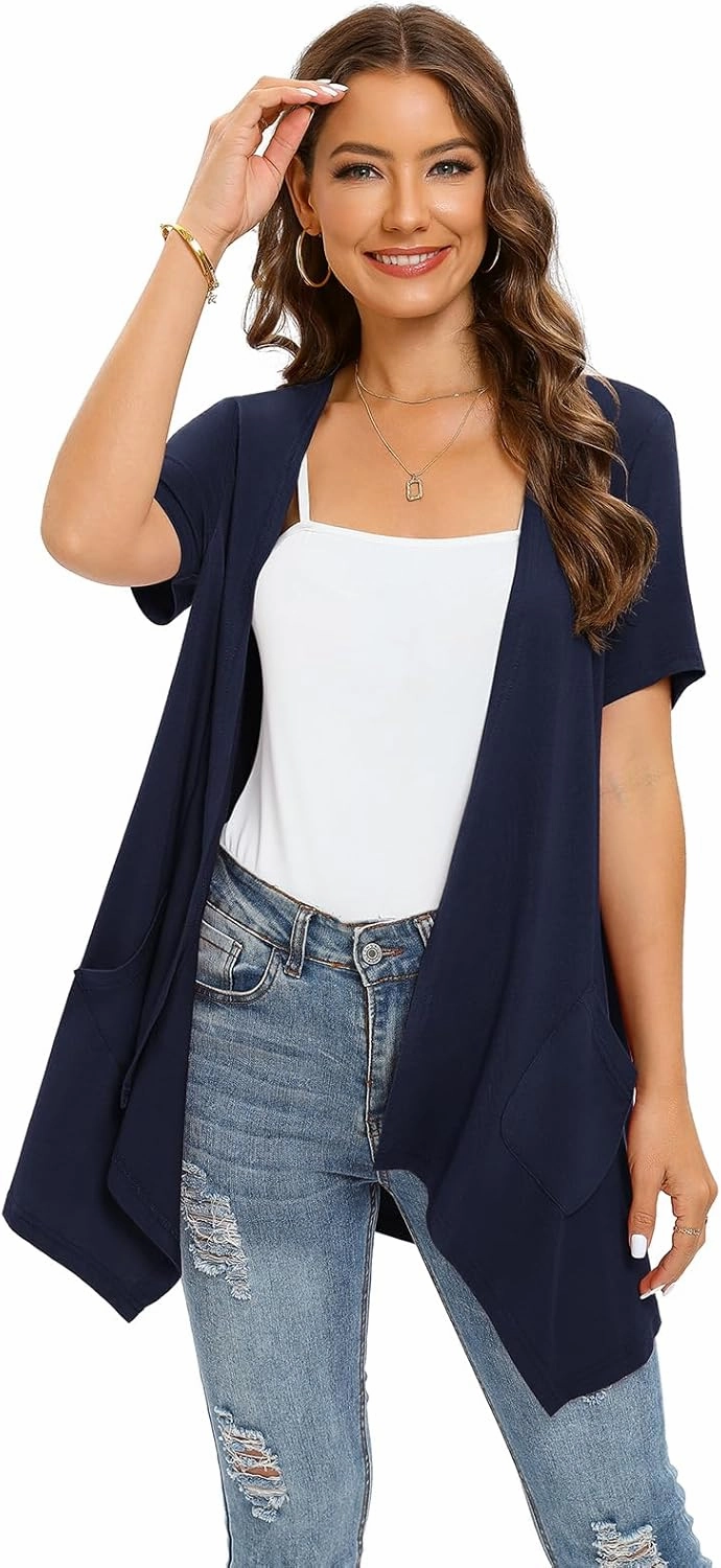 Floral Short Sleeve Cardigans for Women Casual Drape Open Front Lightweight Summer Cardigan with Pocket High Low Hem