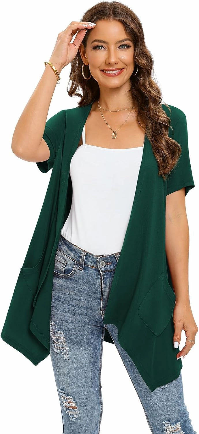 Floral Short Sleeve Cardigans for Women Casual Drape Open Front Lightweight Summer Cardigan with Pocket High Low Hem