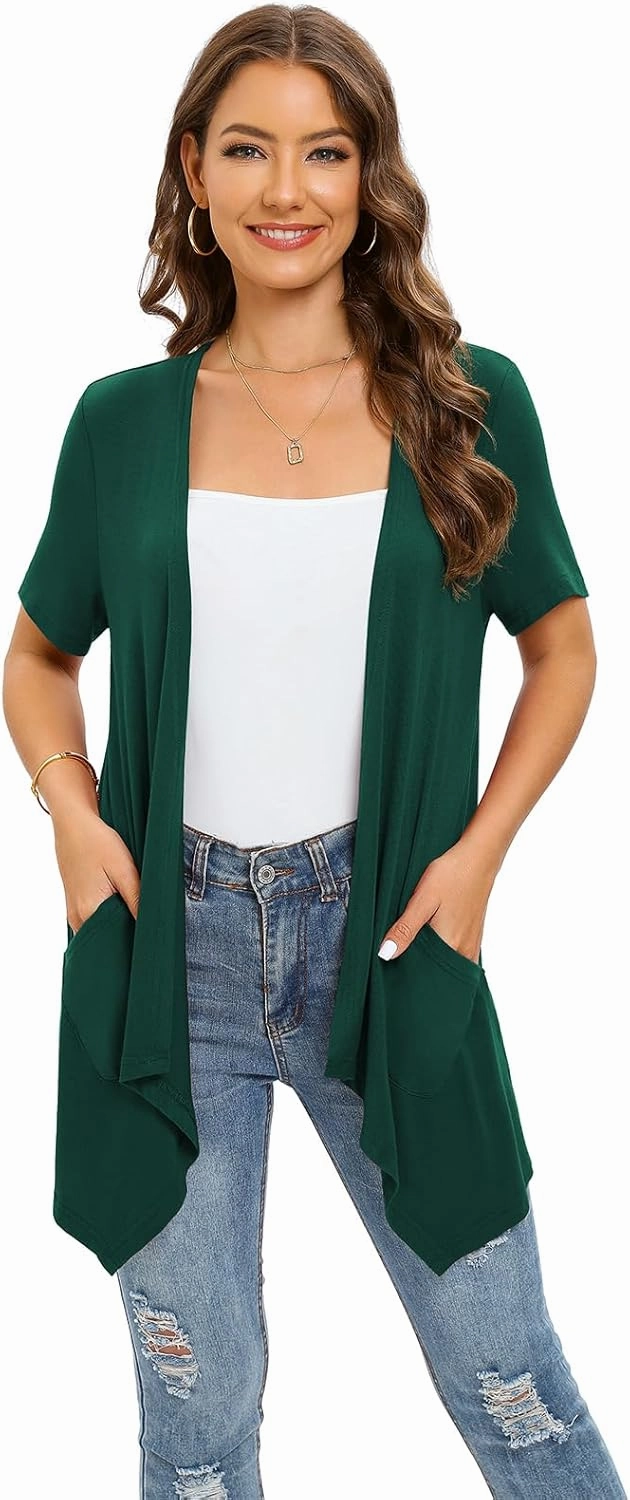 Floral Short Sleeve Cardigans for Women Casual Drape Open Front Lightweight Summer Cardigan with Pocket High Low Hem
