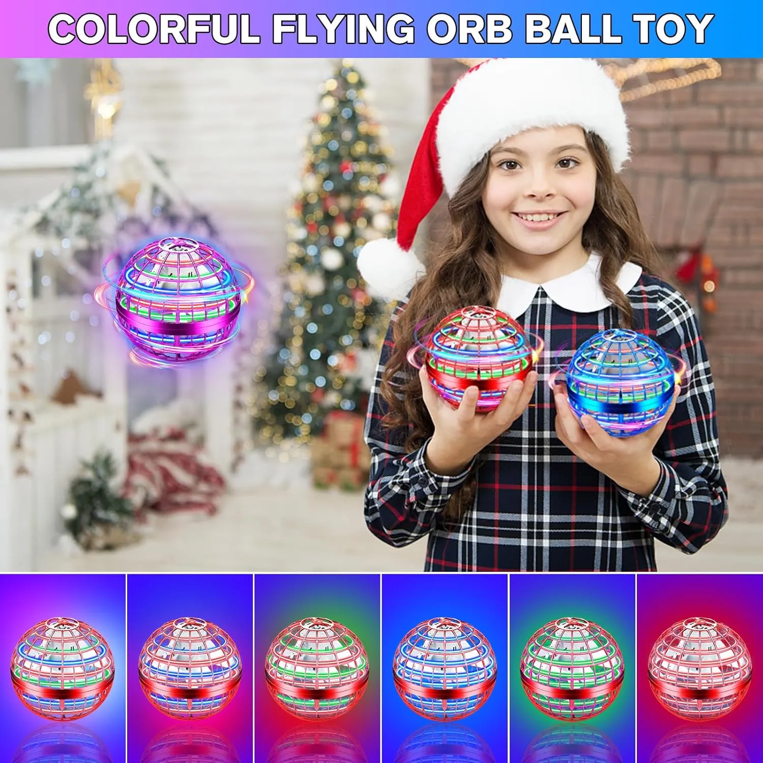 Flying Orb Ball Toy 2 Pack,Hand Controlled Mini Drone for Kids,Galactic Fidget Flying Spinner Flying Orb with Lights,Christmas Birthday Gift Cool for Boys Girls 6 7 8 9 10  Year Old（Blue & Red）