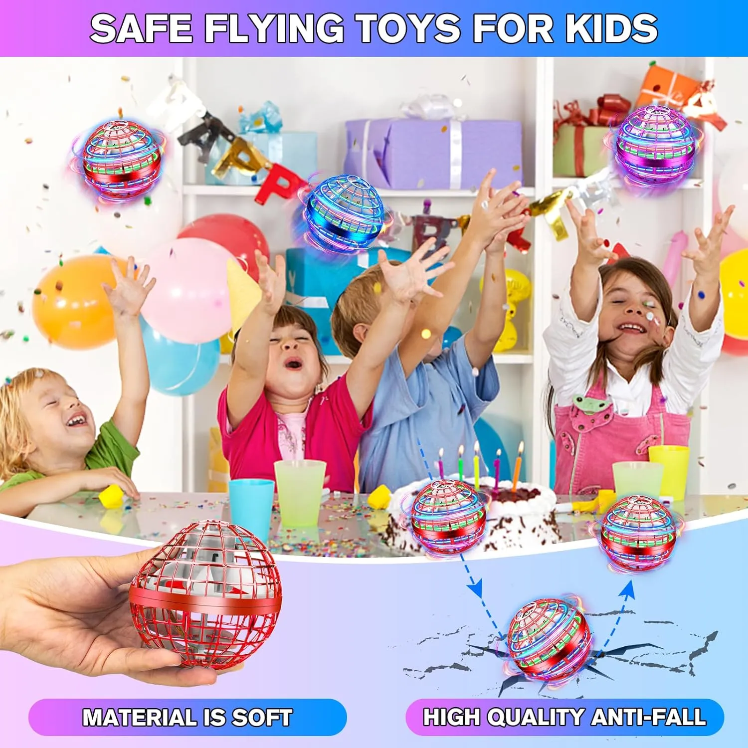 Flying Orb Ball Toy 2 Pack,Hand Controlled Mini Drone for Kids,Galactic Fidget Flying Spinner Flying Orb with Lights,Christmas Birthday Gift Cool for Boys Girls 6 7 8 9 10  Year Old（Blue & Red）