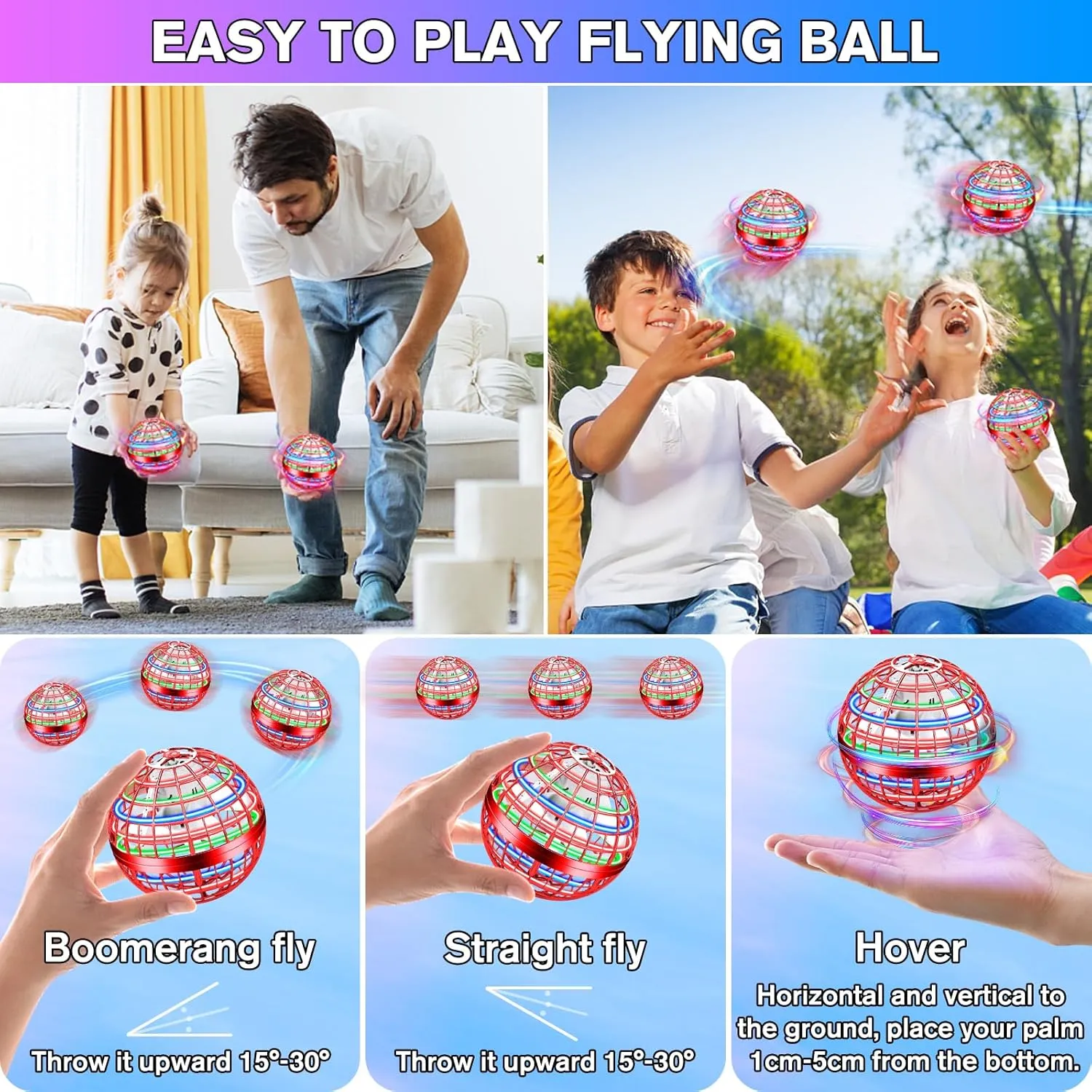 Flying Orb Ball Toy 2 Pack,Hand Controlled Mini Drone for Kids,Galactic Fidget Flying Spinner Flying Orb with Lights,Christmas Birthday Gift Cool for Boys Girls 6 7 8 9 10  Year Old（Blue & Red）