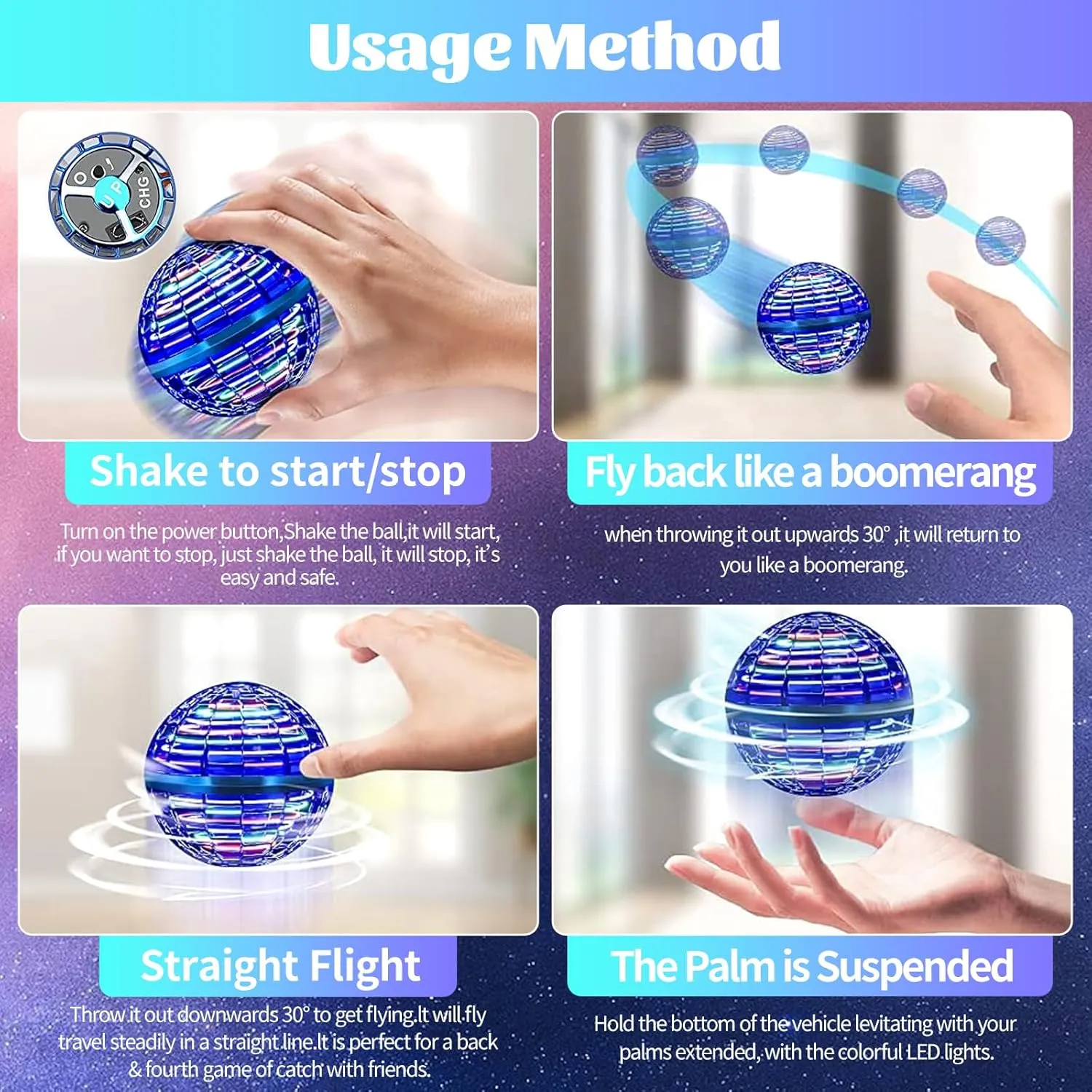Flying Orb Toys, Galaxy Boomerang, 2024 Upgraded Hand Controlled Hover Ball, Cosmic Globe, 360 Rotating Cool Fidget Spinner, Mini Drone Flyorb Toy Gift for 6-10  Kids & Adults