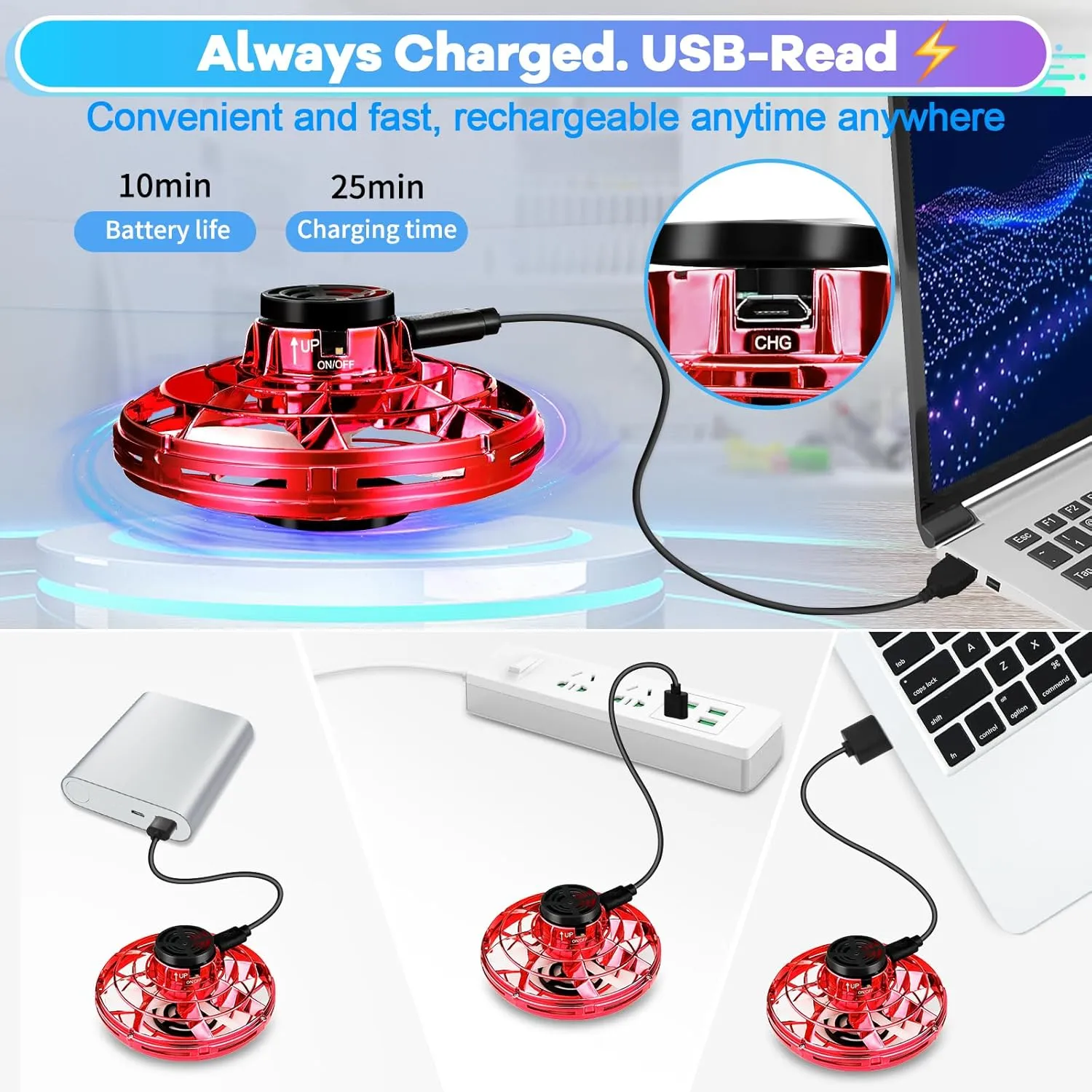 Flying Spinner Mini Drone,Hand Controlled Drone Flying Toy Fly UFO Magic Flying Fidget Spinner with Lights,Christmas Birthday Gifts for Kids (Acrylonitrile Butadiene Styrene (ABS), Blue&Red)