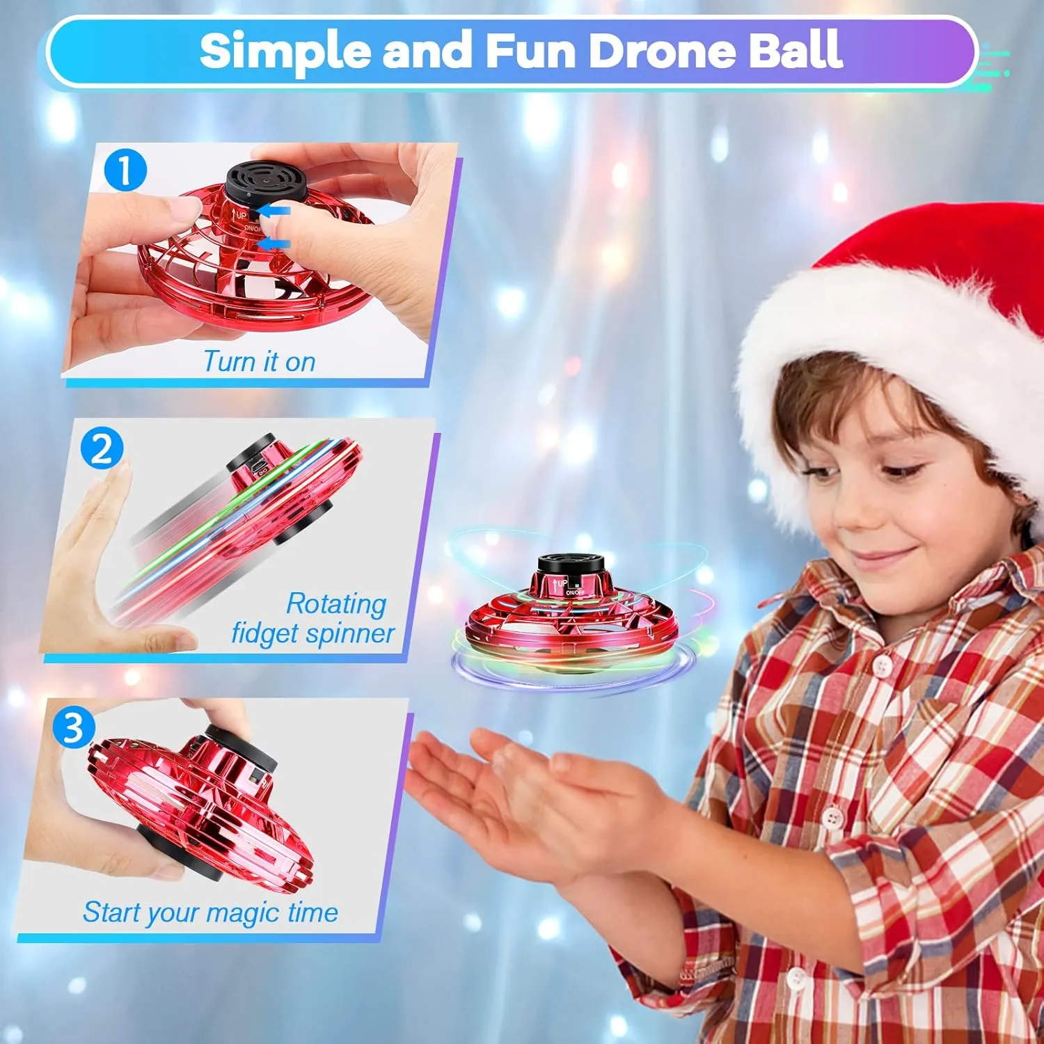 Flying Spinner Mini Drone,Hand Controlled Drone Flying Toy Fly UFO Magic Flying Fidget Spinner with Lights,Christmas Birthday Gifts for Kids (Acrylonitrile Butadiene Styrene (ABS), Blue&Red)