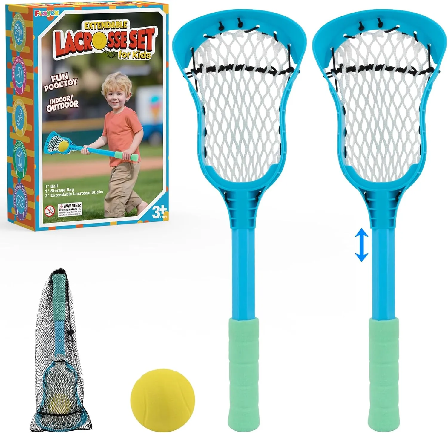 Foayex Adjustable Kids Lacrosse Sticks Set with Soft Ball & Mesh Bag, Pool Toys Beach Games Yard Games, Mini Lacrosse Sticks Gifts for Toddler Boys Girls Ages 3 