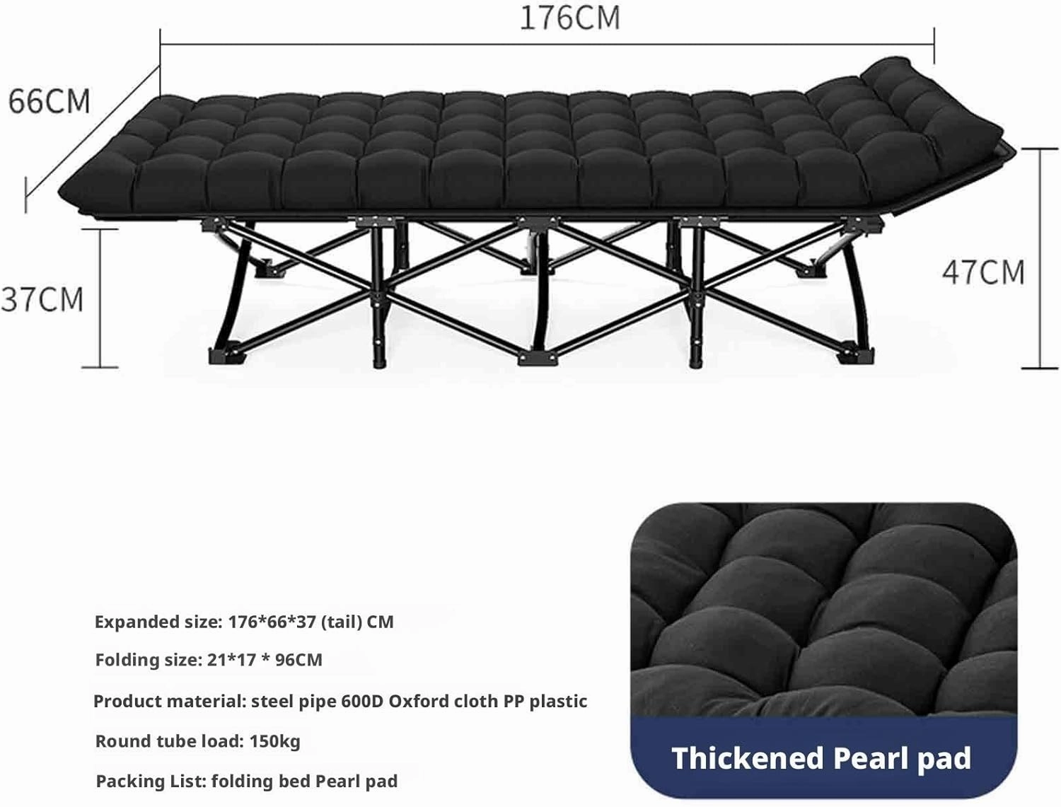 Folding Camping Cot, Folding Beds with Pearl Cotton Mattress, High-Elastic Cotton, Matte Frosting Process, Ergonomics, Portable Storage(66x17)