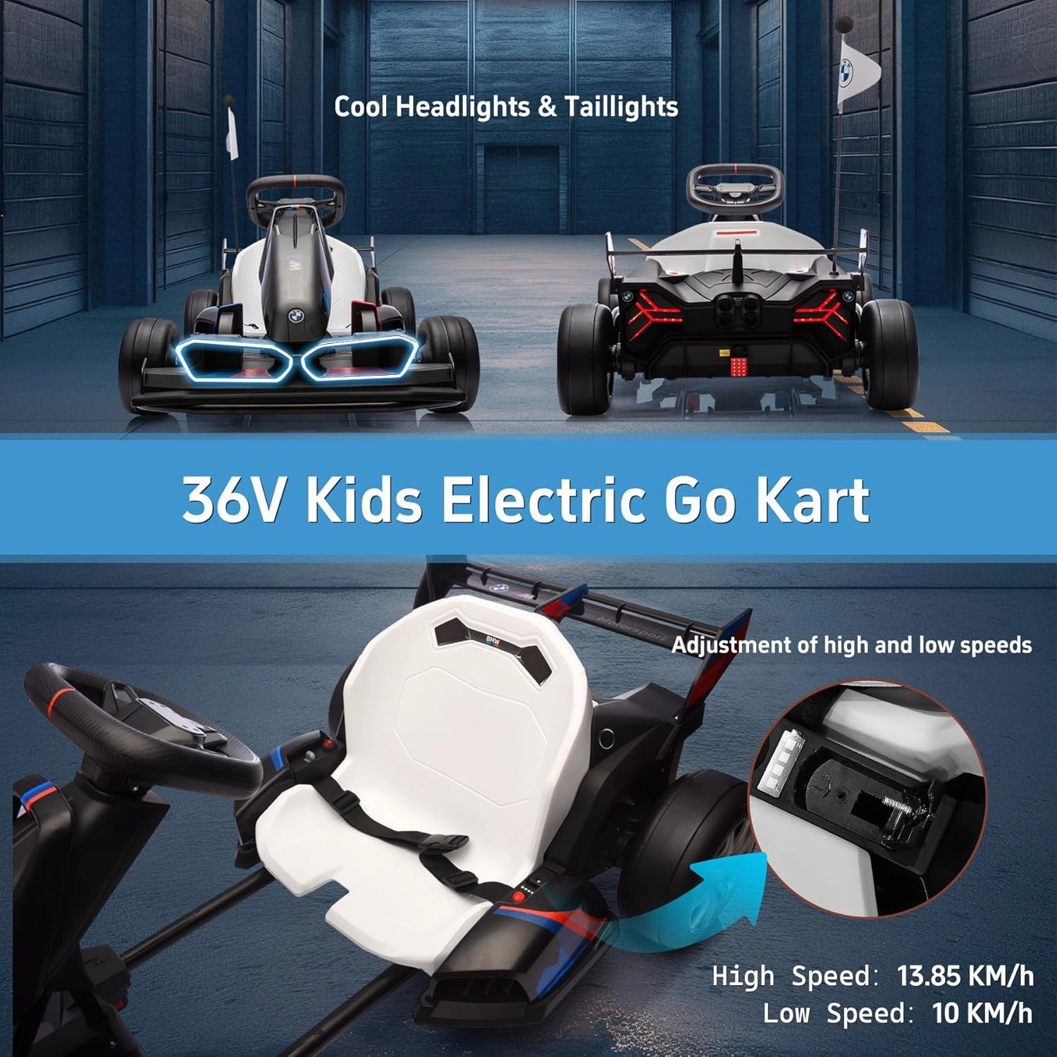FORESEE 36V Licensed BMW Kids Electric Go Kart with Adjustable Seat, 7.5 MPH Drifting Car Battery Powered Ride On Go Kart with Lights, Max Load 132lbs, for 6 Years Old, Black