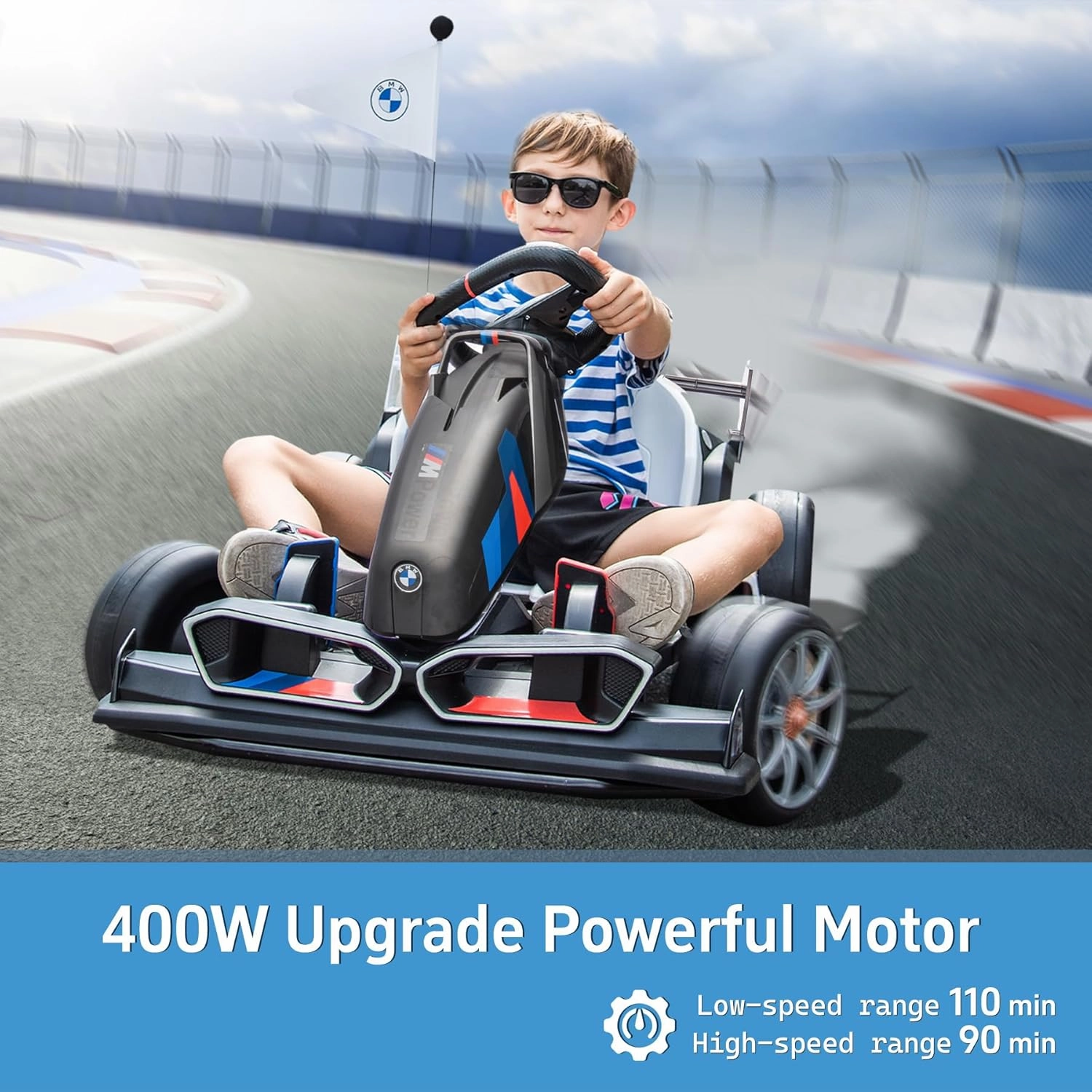 FORESEE 36V Licensed BMW Kids Electric Go Kart with Adjustable Seat, 7.5 MPH Drifting Car Battery Powered Ride On Go Kart with Lights, Max Load 132lbs, for 6 Years Old, Black