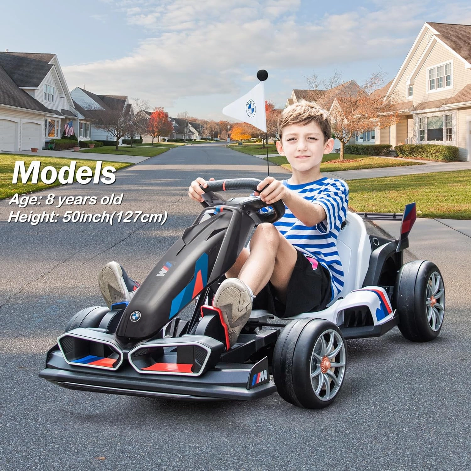 FORESEE 36V Licensed BMW Kids Electric Go Kart with Adjustable Seat, 7.5 MPH Drifting Car Battery Powered Ride On Go Kart with Lights, Max Load 132lbs, for 6 Years Old, Black