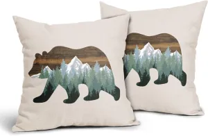 Forest Bear Pillow Covers 18X18 In Cabin Rustic Bear Decor Mountain Wooden Green Pine Trees Decorative Couch Pillow Cases with Zipper Set of 2 Home Decor for Living Room Bedroom Bed Cushion Outdoor
