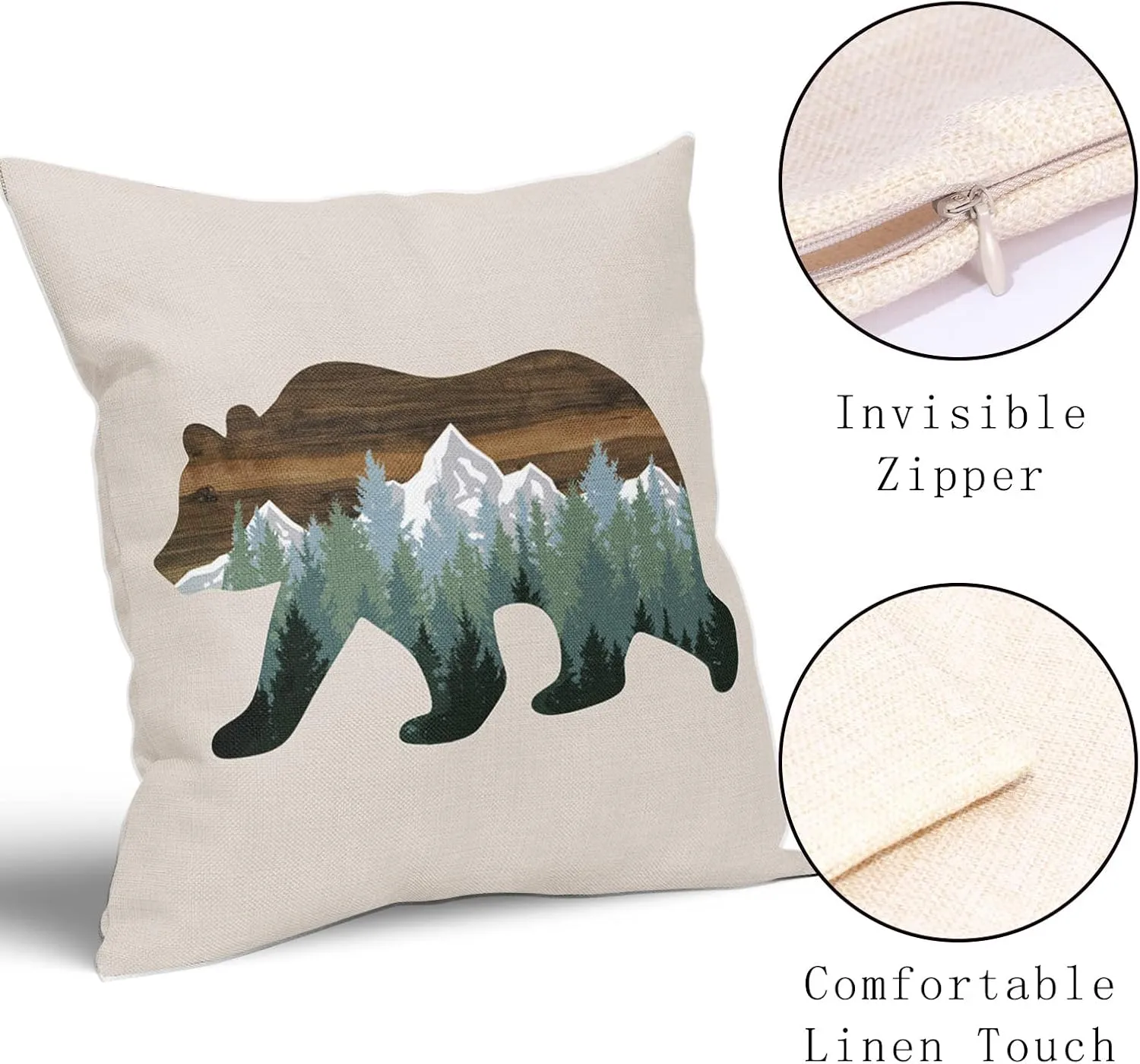 Forest Bear Pillow Covers 18X18 In Cabin Rustic Bear Decor Mountain Wooden Green Pine Trees Decorative Couch Pillow Cases with Zipper Set of 2 Home Decor for Living Room Bedroom Bed Cushion Outdoor