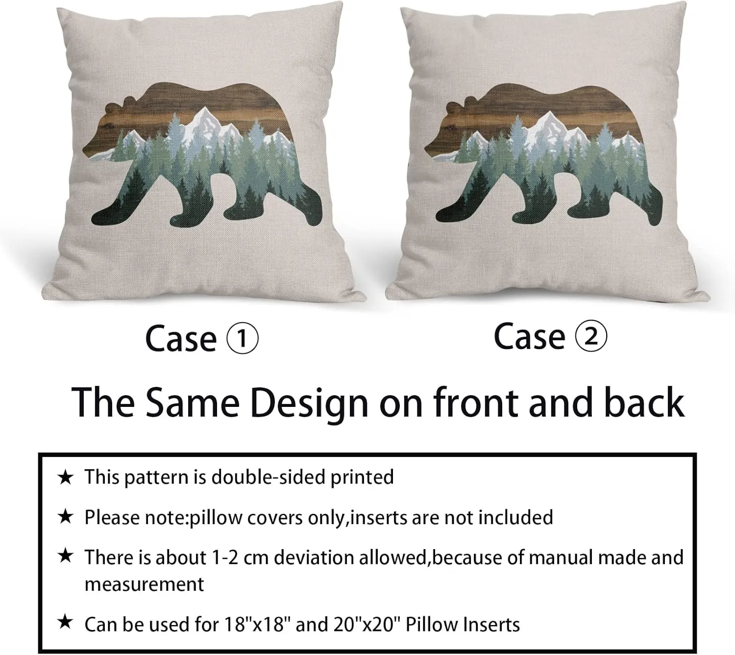 Forest Bear Pillow Covers 18X18 In Cabin Rustic Bear Decor Mountain Wooden Green Pine Trees Decorative Couch Pillow Cases with Zipper Set of 2 Home Decor for Living Room Bedroom Bed Cushion Outdoor