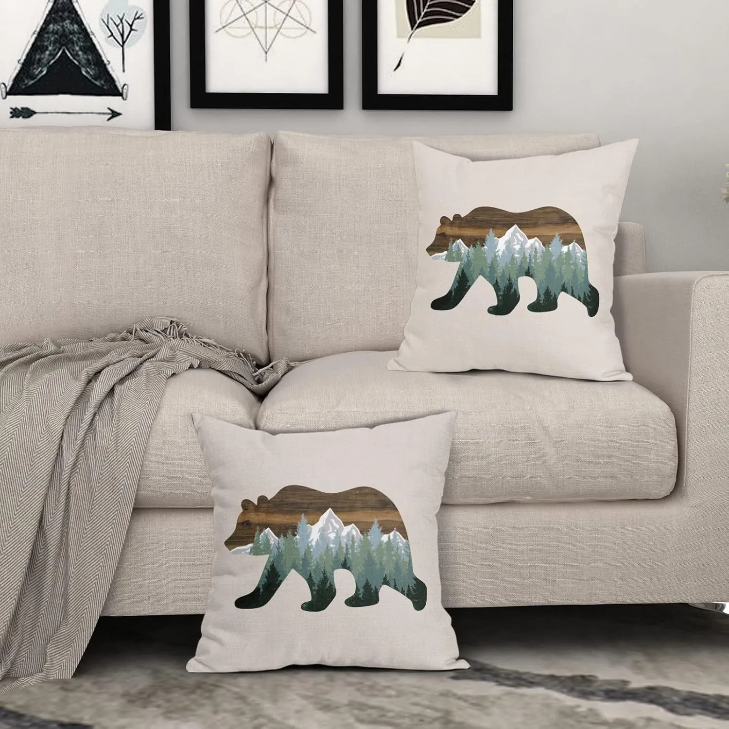 Forest Bear Pillow Covers 18X18 In Cabin Rustic Bear Decor Mountain Wooden Green Pine Trees Decorative Couch Pillow Cases with Zipper Set of 2 Home Decor for Living Room Bedroom Bed Cushion Outdoor
