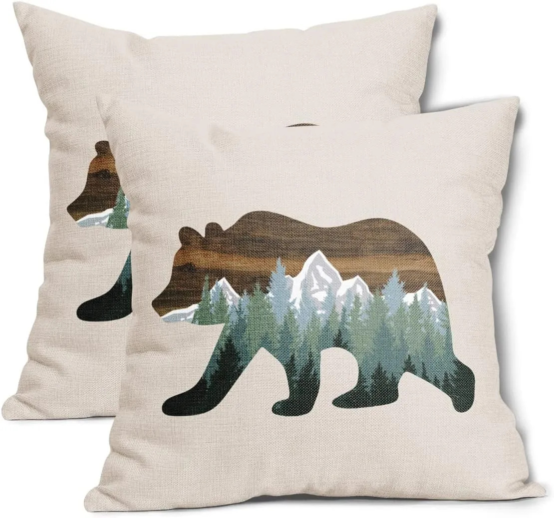 Forest Bear Pillow Covers 18X18 In Cabin Rustic Bear Decor Mountain Wooden Green Pine Trees Decorative Couch Pillow Cases with Zipper Set of 2 Home Decor for Living Room Bedroom Bed Cushion Outdoor