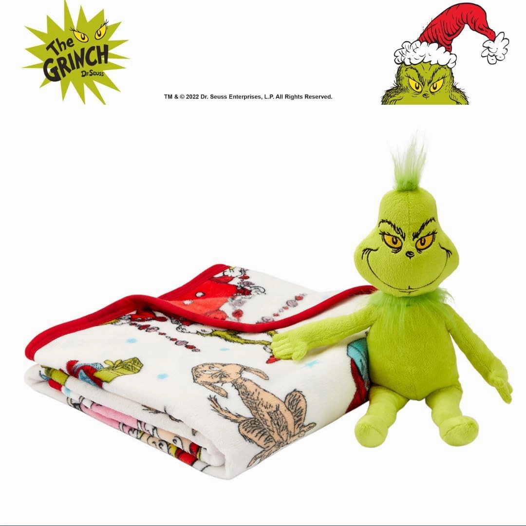 Franco Bedding Christmas Holiday Super Soft Plush Cuddle Buddy, 40 in x 50 in, Grinch & Max Throw   Pillow Set