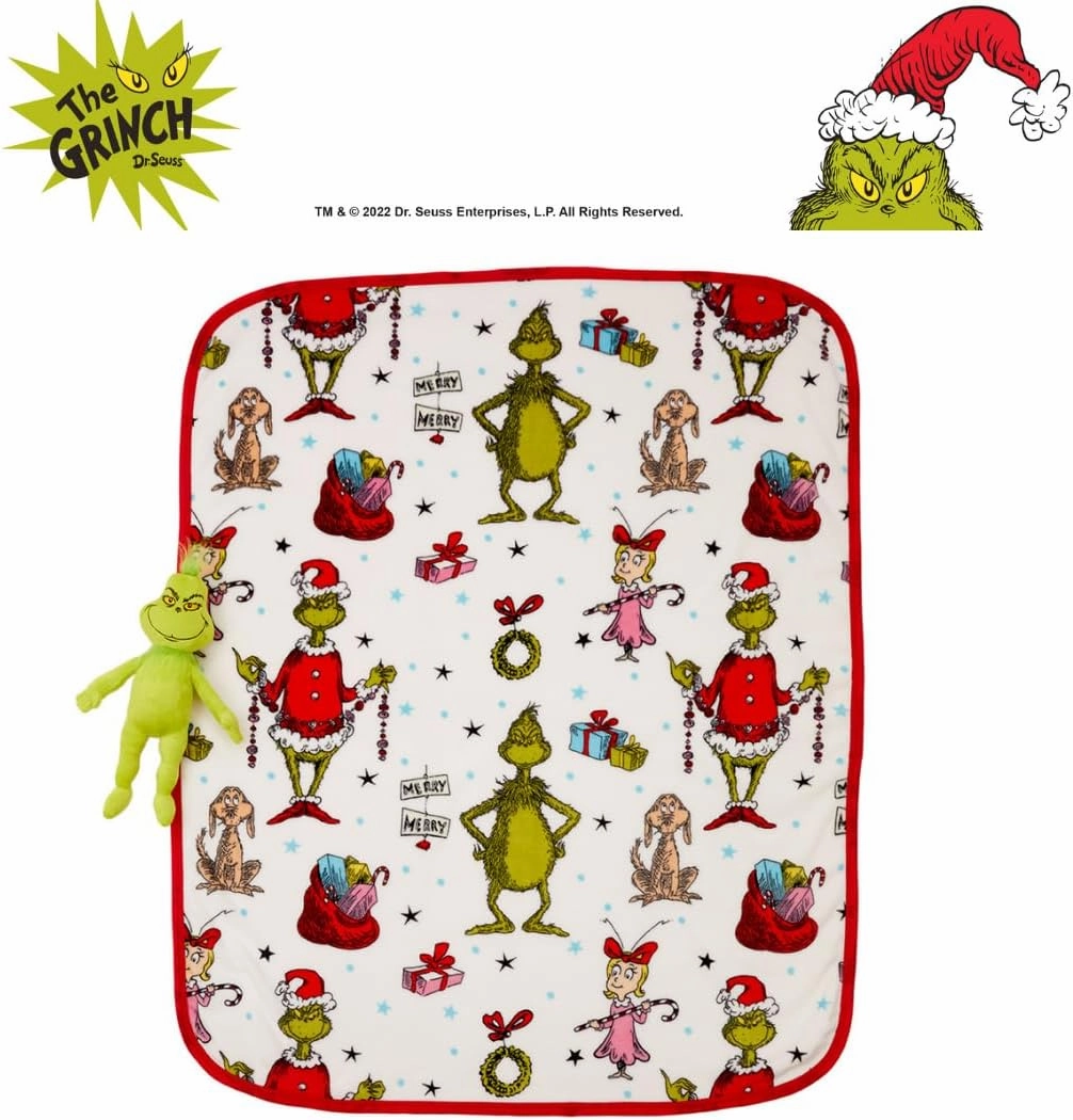 Franco Bedding Christmas Holiday Super Soft Plush Cuddle Buddy, 40 in x 50 in, Grinch & Max Throw   Pillow Set