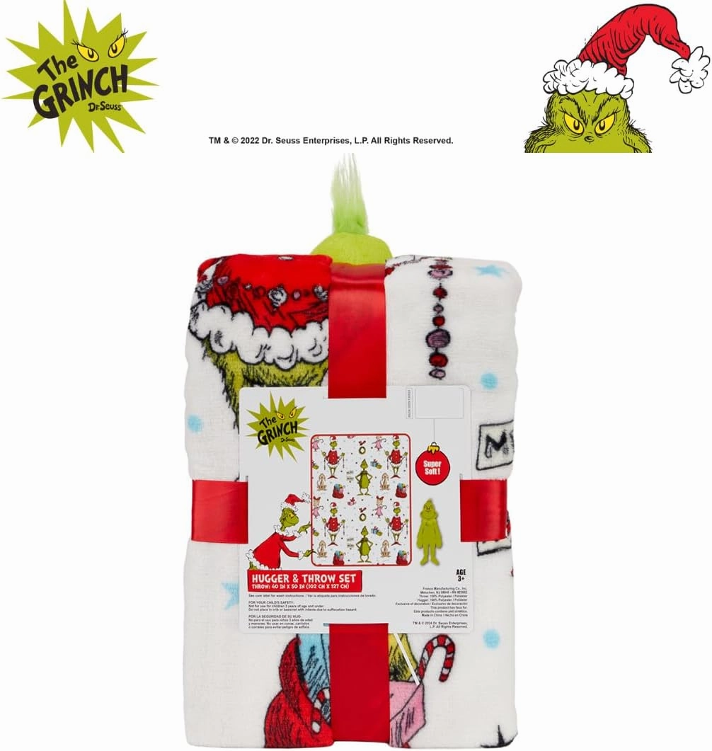 Franco Bedding Christmas Holiday Super Soft Plush Cuddle Buddy, 40 in x 50 in, Grinch & Max Throw   Pillow Set