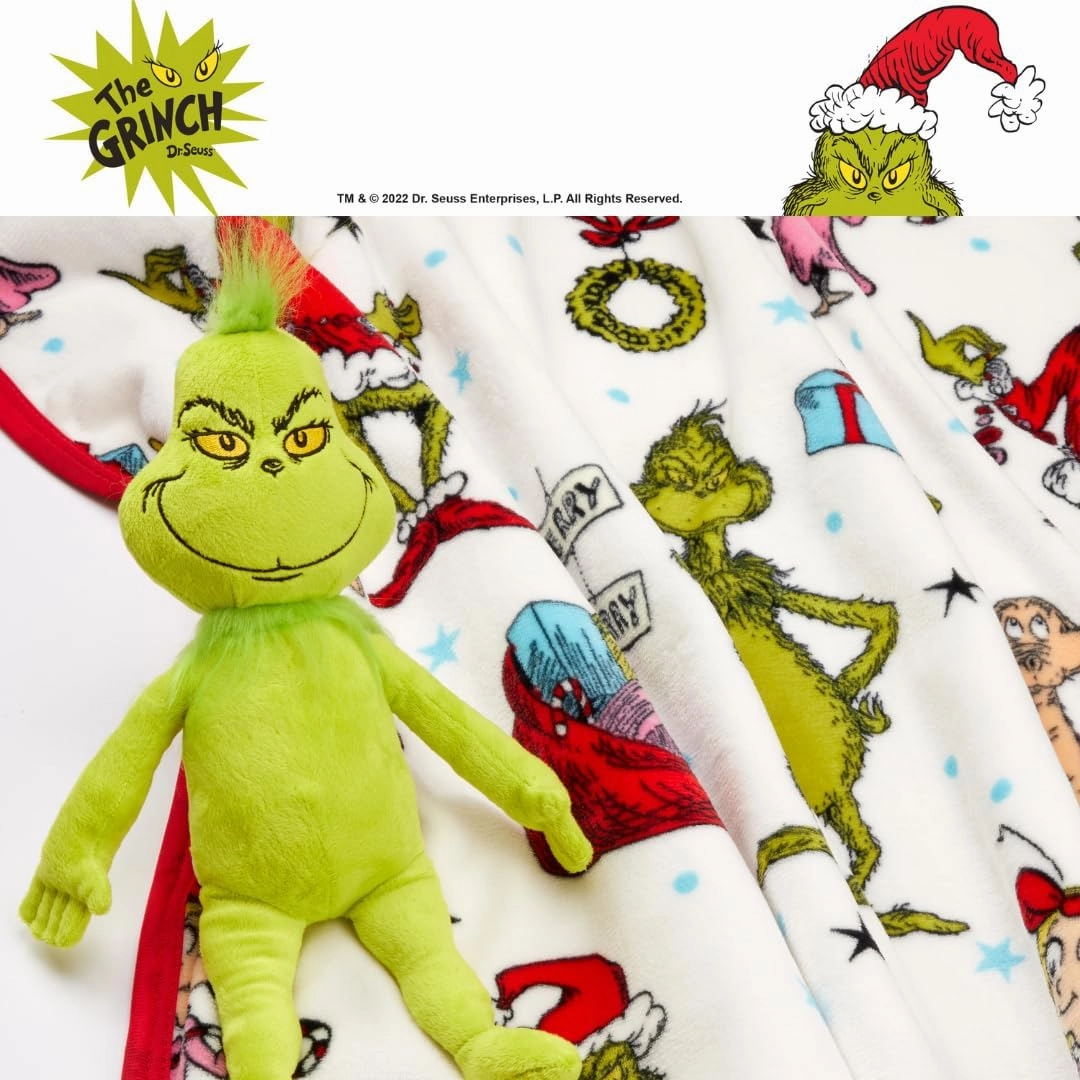 Franco Bedding Christmas Holiday Super Soft Plush Cuddle Buddy, 40 in x 50 in, Grinch & Max Throw   Pillow Set