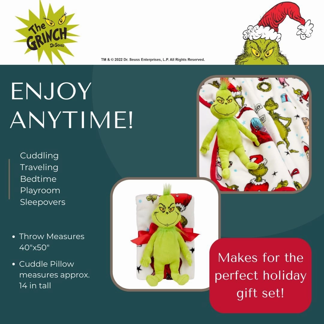 Franco Bedding Christmas Holiday Super Soft Plush Cuddle Buddy, 40 in x 50 in, Grinch & Max Throw   Pillow Set
