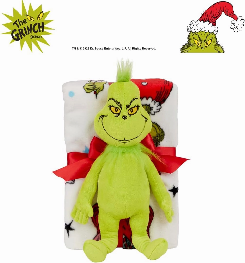 Franco Bedding Christmas Holiday Super Soft Plush Cuddle Buddy, 40 in x 50 in, Grinch & Max Throw   Pillow Set