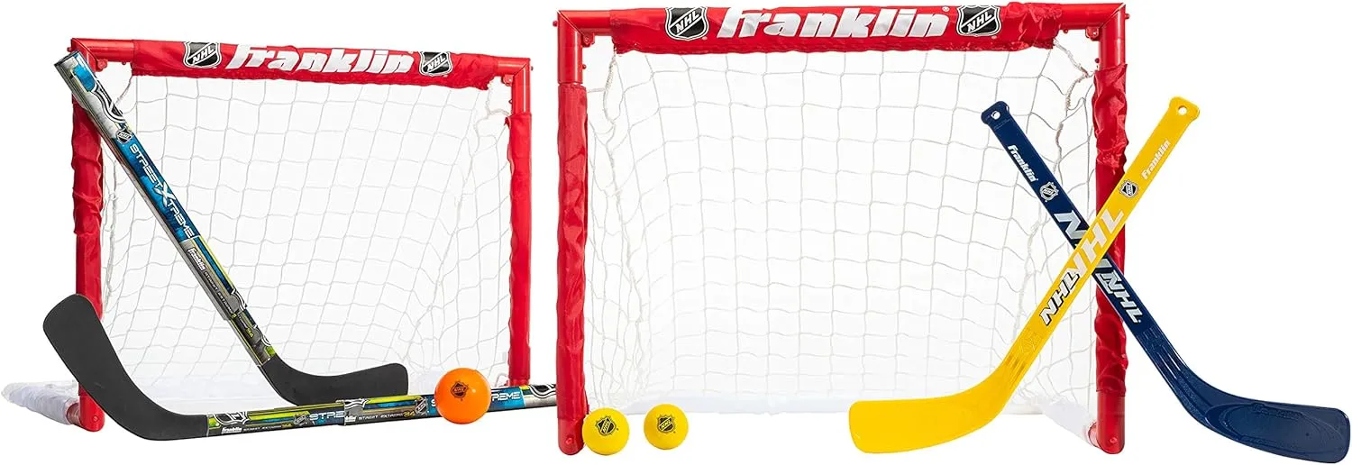 Franklin Sports - NHL Kids Folding Hockey Goals Set - (2) Street Hockey & Knee Hockey Goals - (2) Adjustable Youth Hockey Sticks, (2) Knee Hockey Sticks, (2) Mini Hockey Balls   (1) Street Hockey Ball