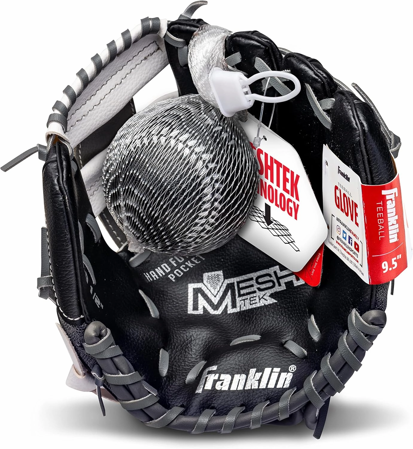 Franklin Sports Kids Baseball Glove   Ball Sets - Meshtek Youth Teeball Gloves for Kids   Toddlers - Left   Right Hand Throw Mitts   Glove Sets with Foam Balls - Boys   Girls Gloves - 9.5" Inch