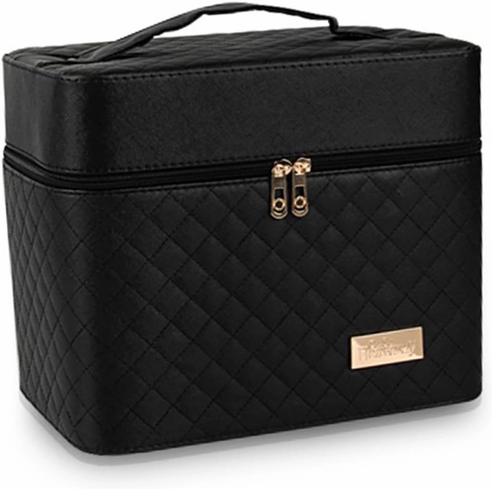 FRCOLOR Double Layer Makeup Organizer Travel Case Black Strong Expandable inside Box Large Capacity Storage