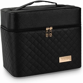 FRCOLOR Double Layer Makeup Organizer Travel Case Black Strong Expandable inside Box Large Capacity Storage