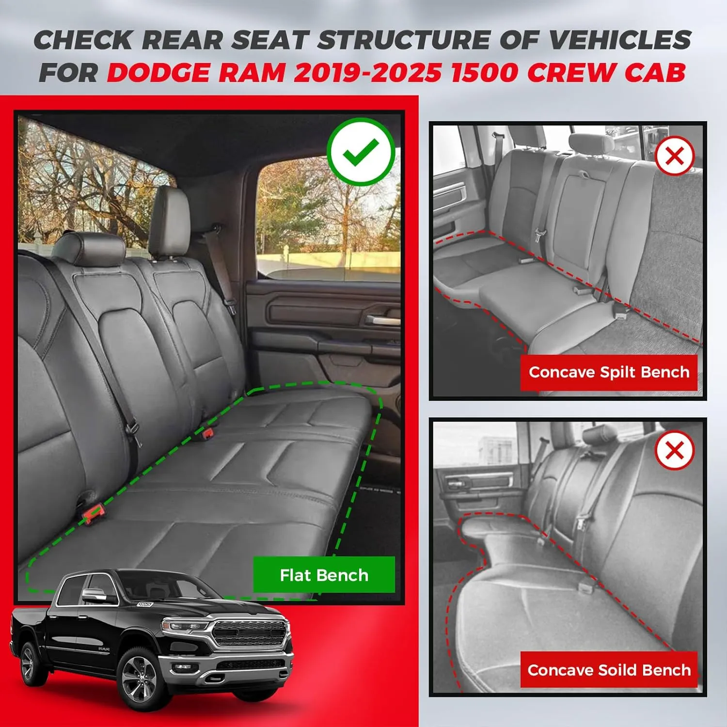 FREESOO Seat Covers for Dodge Ram 2019-2025 1500 Crew Cab New Body, Leather Seat Cover Limited Longhorn Rebel Laramie Big Horn Tradesman TRX Pickup Truck Accessories Black Red