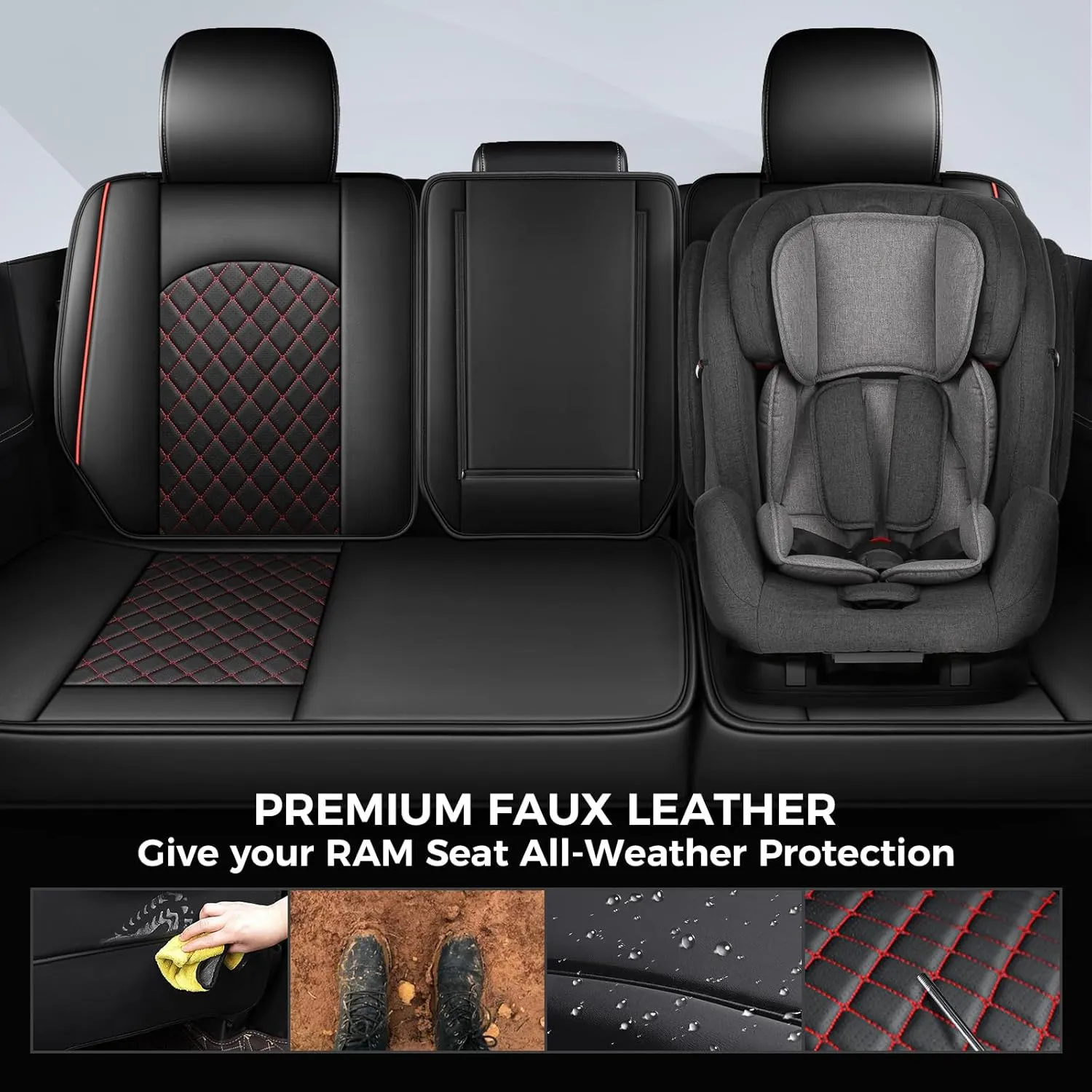 FREESOO Seat Covers for Dodge Ram 2019-2025 1500 Crew Cab New Body, Leather Seat Cover Limited Longhorn Rebel Laramie Big Horn Tradesman TRX Pickup Truck Accessories Black Red