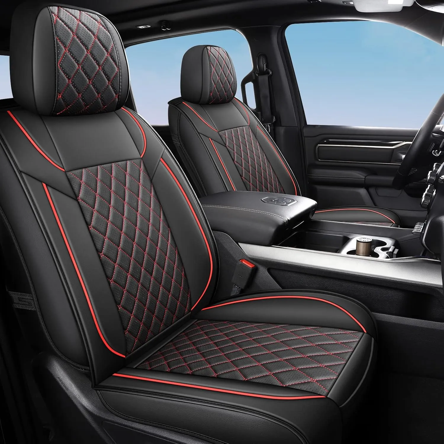 FREESOO Seat Covers for Dodge Ram 2019-2025 1500 Crew Cab New Body, Leather Seat Cover Limited Longhorn Rebel Laramie Big Horn Tradesman TRX Pickup Truck Accessories Black Red