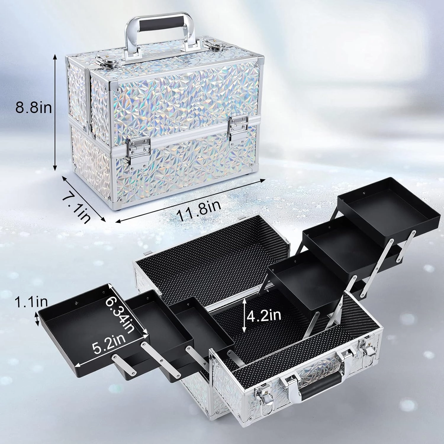 FRENESSA Makeup Case Cosmetic Train Case Organizer 11.8 Inch Large Makeup Box Travel Storage Make Up Train Carrying Case with 6 Trays Locking Hard Vanity Storage Glitter Silver