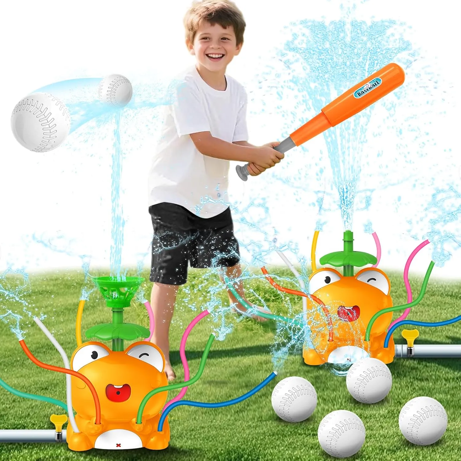 Frog Water Sprinkler Baseball Toy, 2-in-1 Outdoor Water Toys, Spinning Spray Water Play Game with 8 Wiggle Tubes, Summer Backyard Lawn Pool Party Fun for 3 4 5 6 7 8 9 Year Old Boys Girls