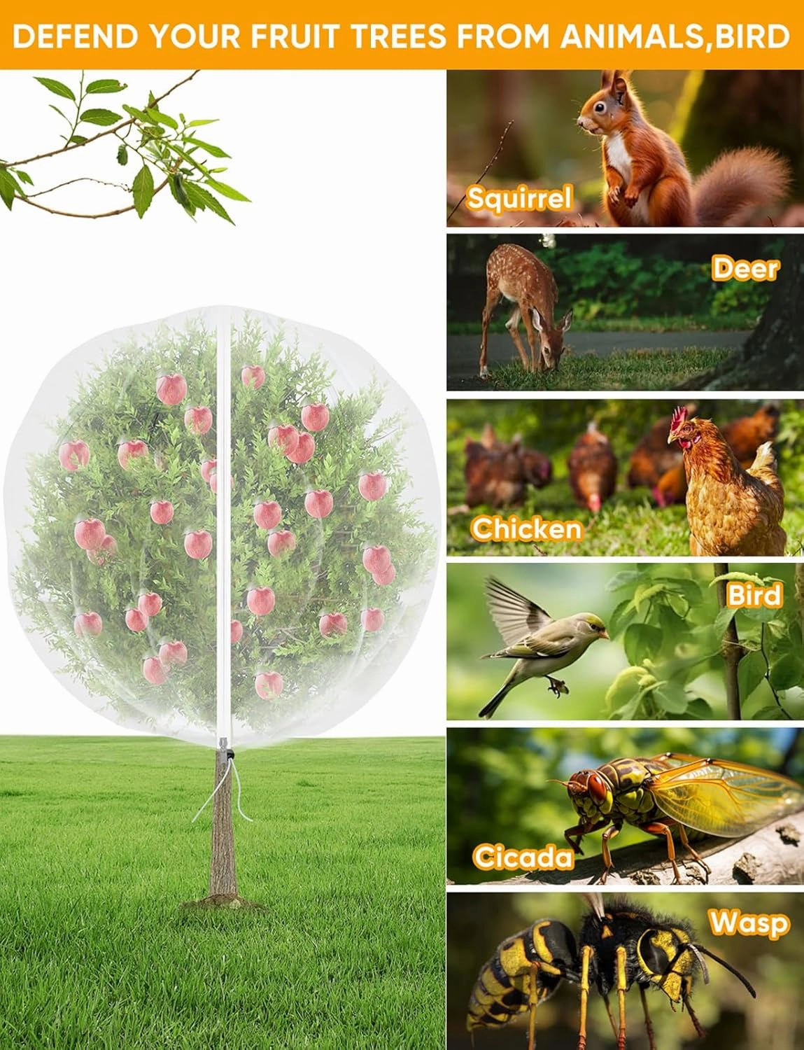 Fruit Tree Netting for Cicadas - with 4Pcs 6Ftx5.3Ft Zipper&Drawstring Protection for Your Fruit Trees Garden Bird Netting Covers for Blueberry Bush Tomato Bug Plant Protection Cherry Apple Tree