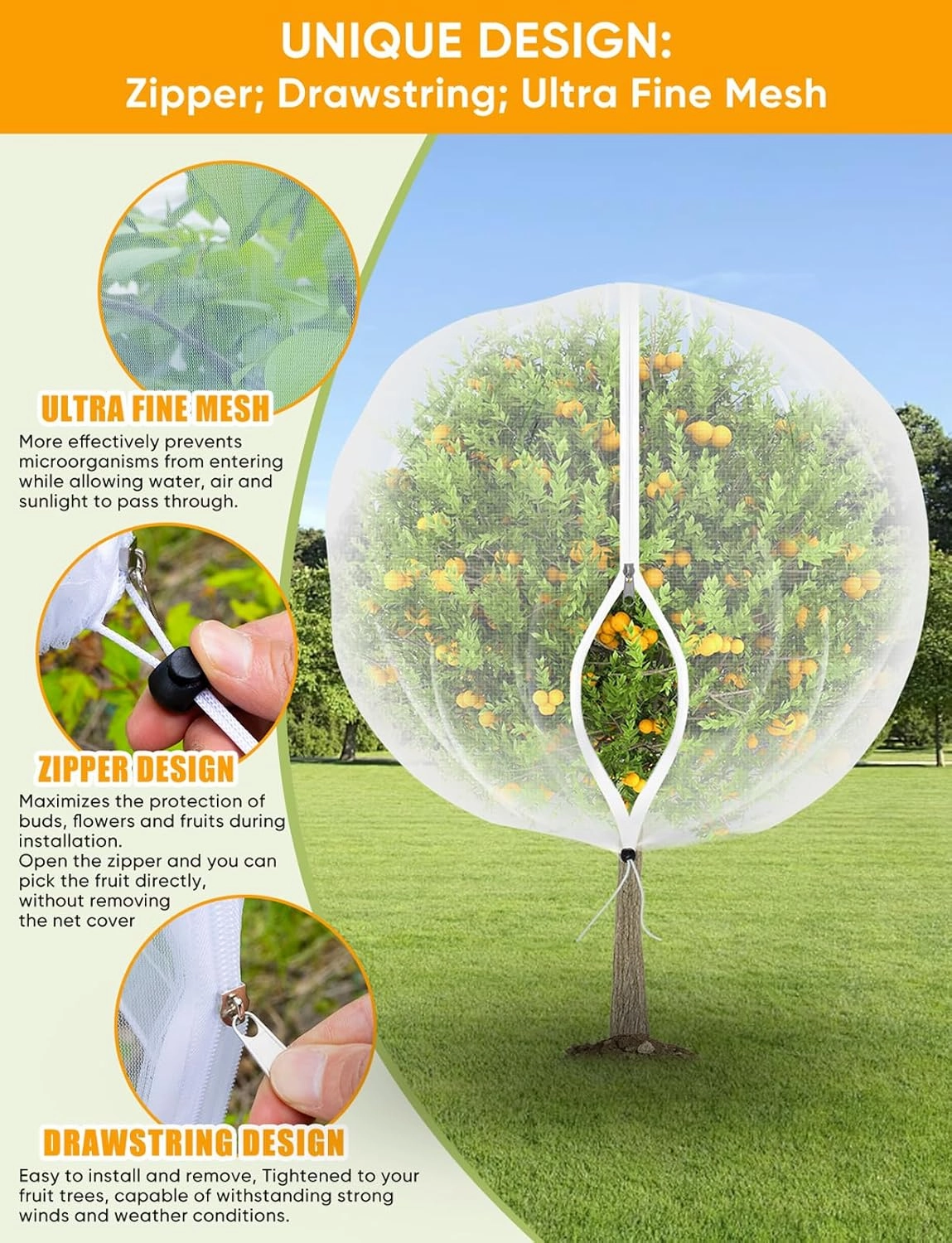 Fruit Tree Netting for Cicadas - with 4Pcs 6Ftx5.3Ft Zipper&Drawstring Protection for Your Fruit Trees Garden Bird Netting Covers for Blueberry Bush Tomato Bug Plant Protection Cherry Apple Tree