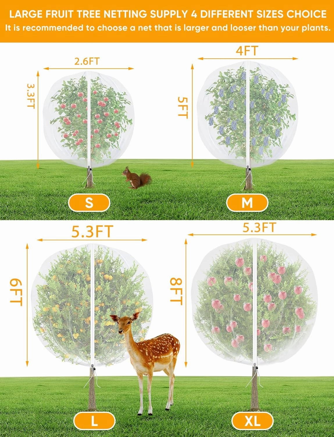 Fruit Tree Netting for Cicadas - with 4Pcs 6Ftx5.3Ft Zipper&Drawstring Protection for Your Fruit Trees Garden Bird Netting Covers for Blueberry Bush Tomato Bug Plant Protection Cherry Apple Tree