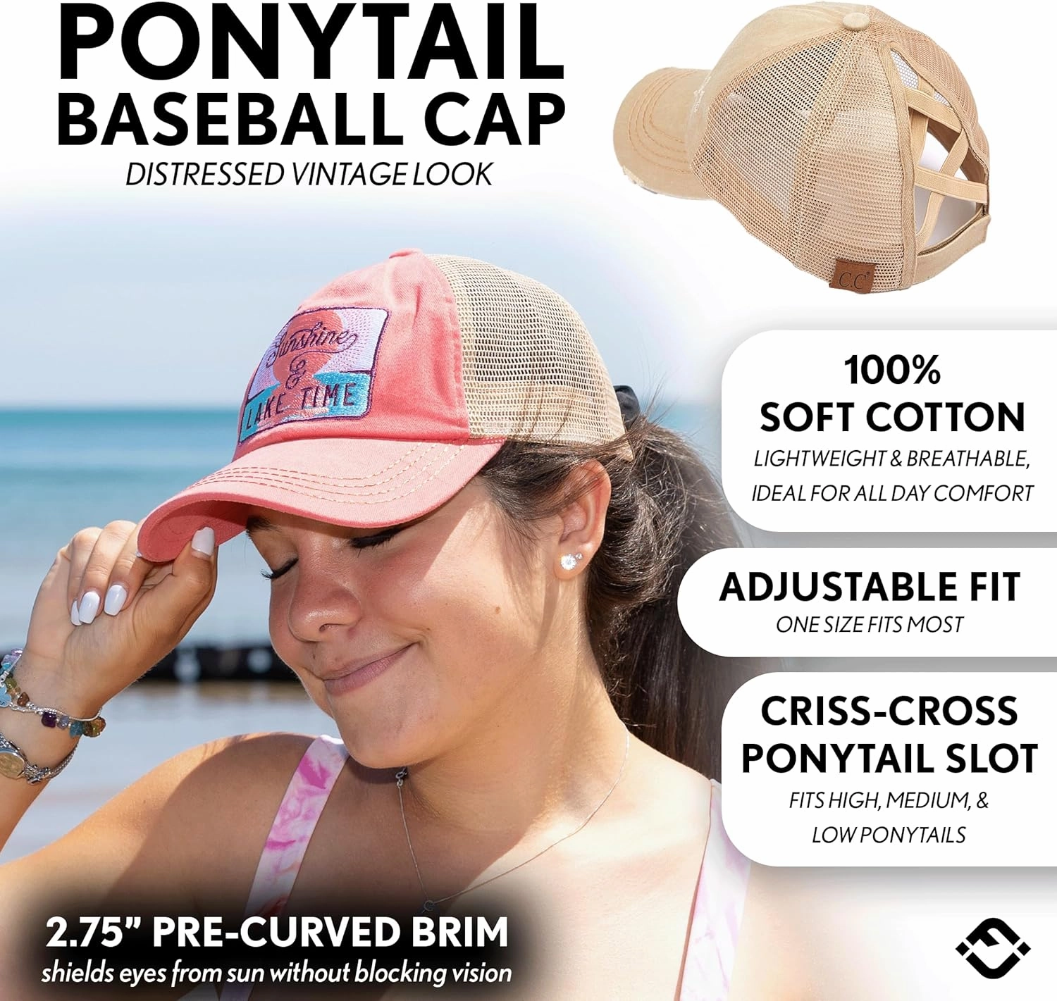 Funky Junque Women's Distressed Ponytail Mesh Trucker Cap - Criss Cross Elastic Bands