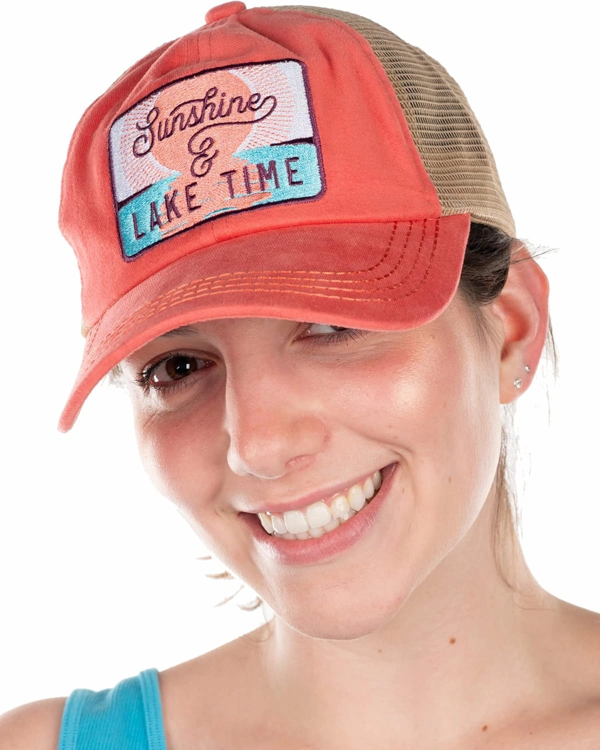 Funky Junque Women's Distressed Ponytail Mesh Trucker Cap - Criss Cross Elastic Bands