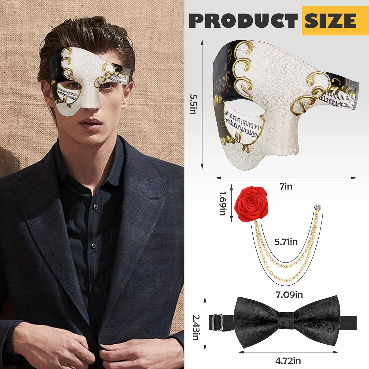 FunMular Masquerade Mask for Men Phantom of The Opera Mask Half Face with Bowtie Brooch for Halloween Mardi Gras Party