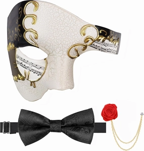 FunMular Masquerade Mask for Men Phantom of The Opera Mask Half Face with Bowtie Brooch for Halloween Mardi Gras Party